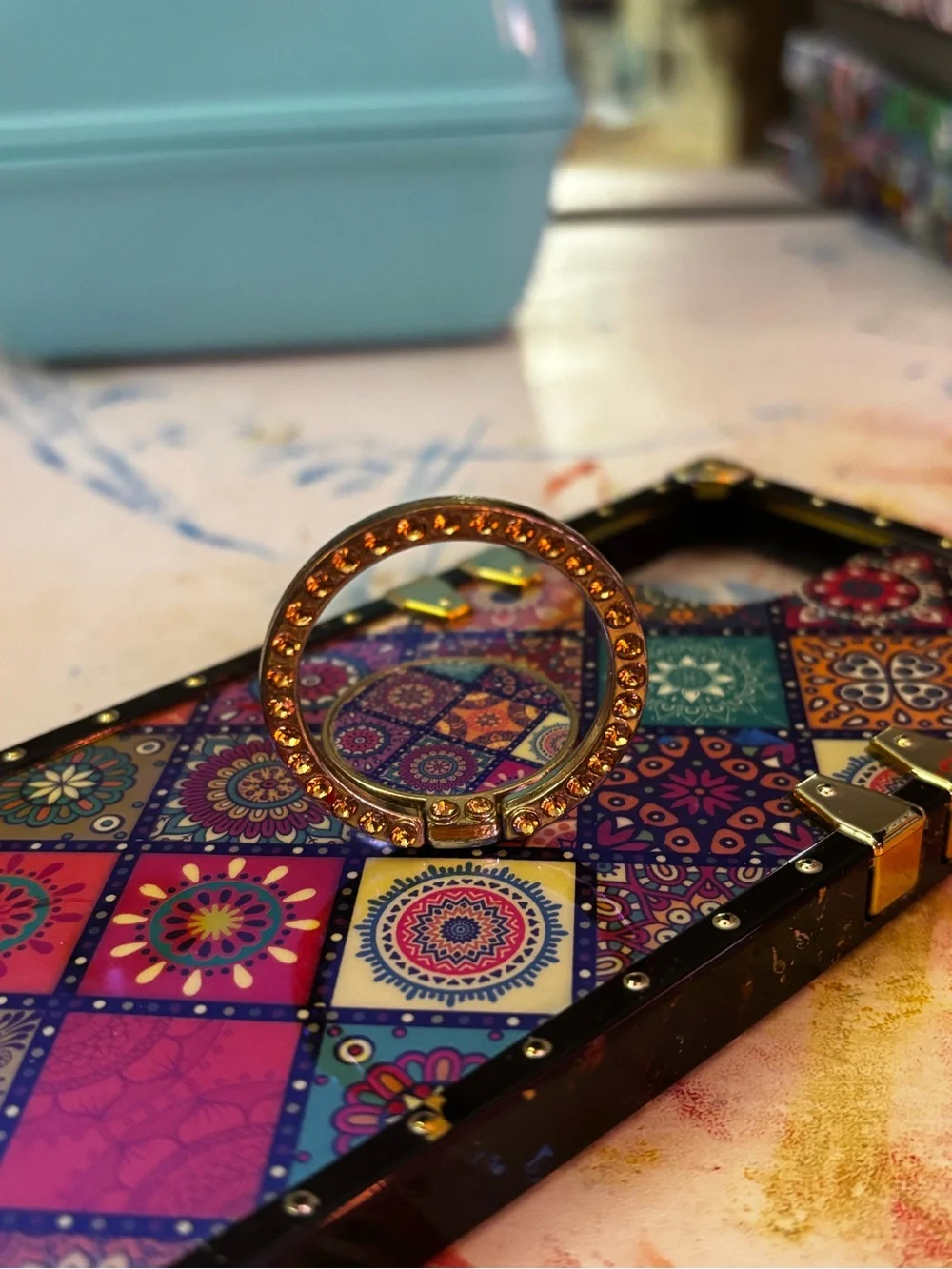 Colorful Mosaic Pattern Trunk Style iPhone 15 Case with Gold Ring